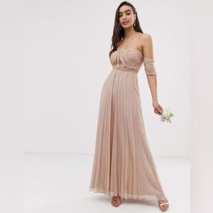 ASOS DESIGN Bridesmaid bardot ruched pleated maxi dress